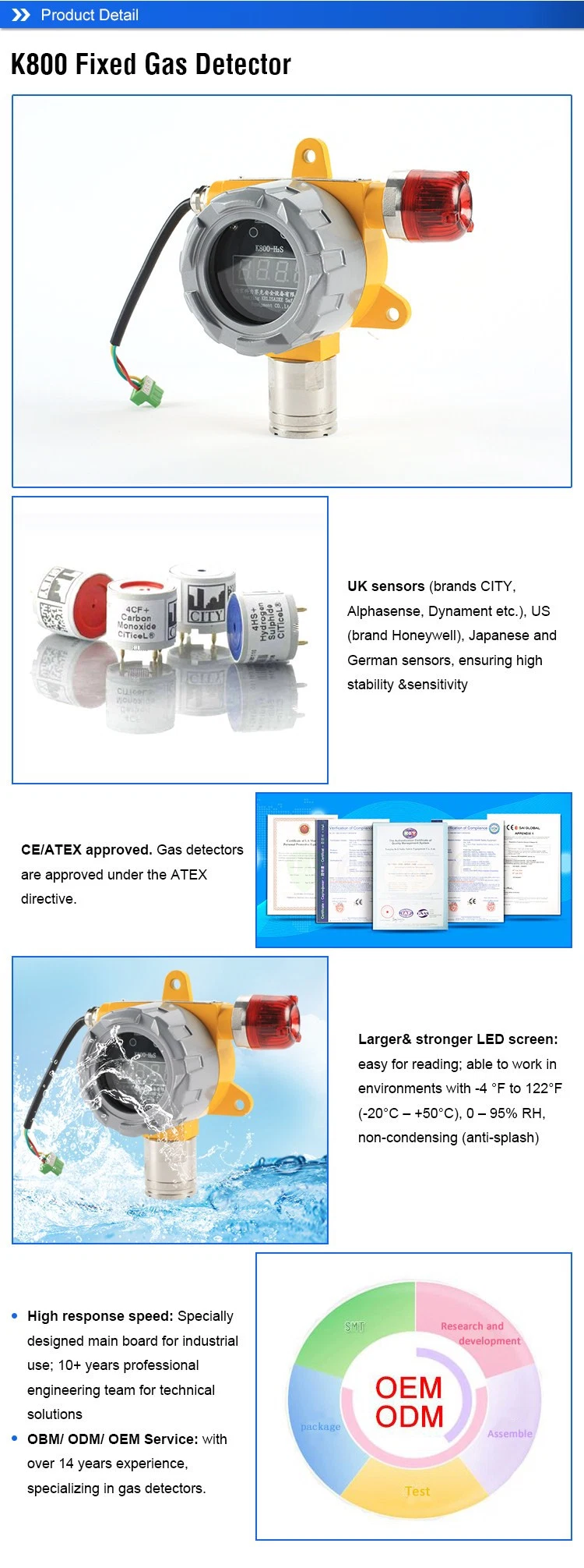 Combustible Gas Concentration Detection China Supplier Industrial Fixed Detector De Fuga De Gas